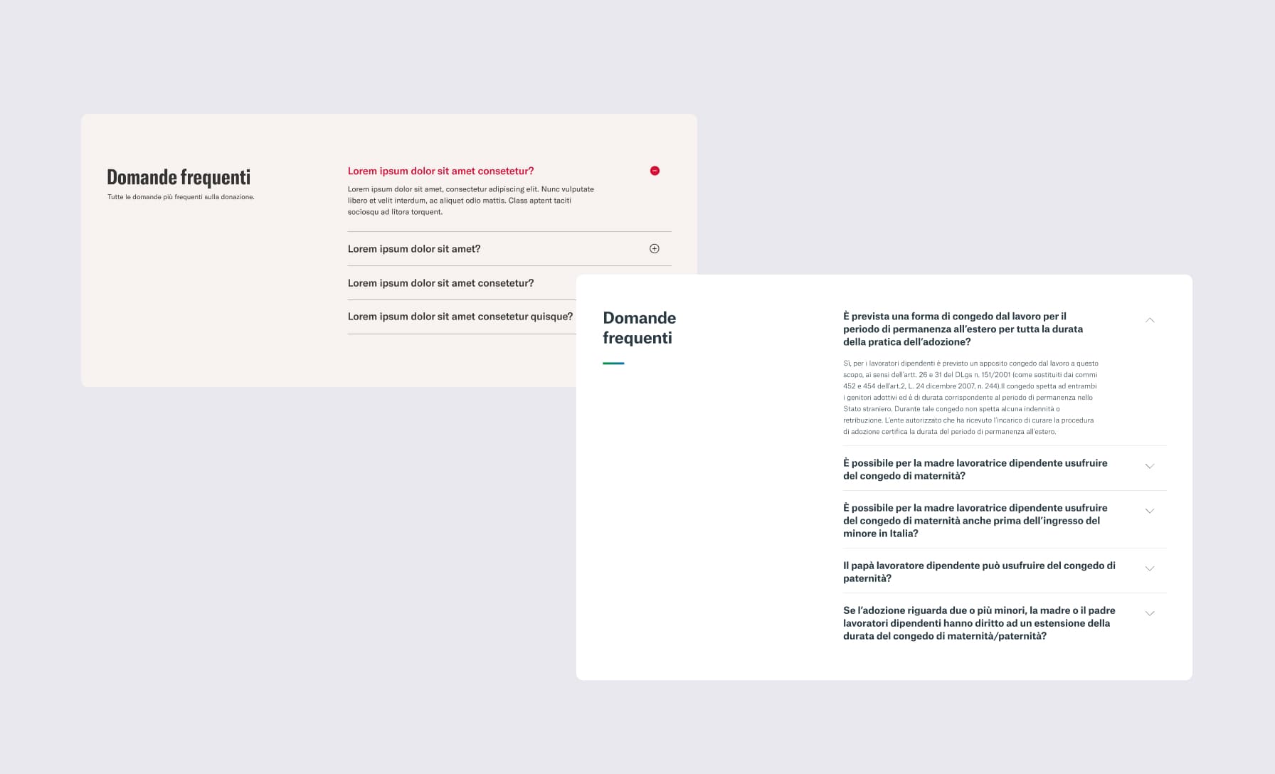 Blocchi FAQ delle piattaforme landing realizzate per Amref e AVSI