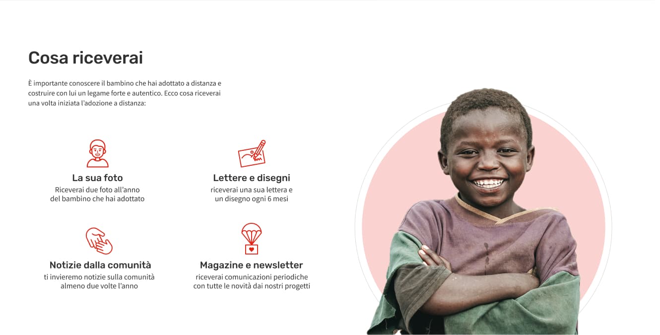 Esempio di fascia "vantaggi e cosa riceverai" con foto, icone personalizzate e testi